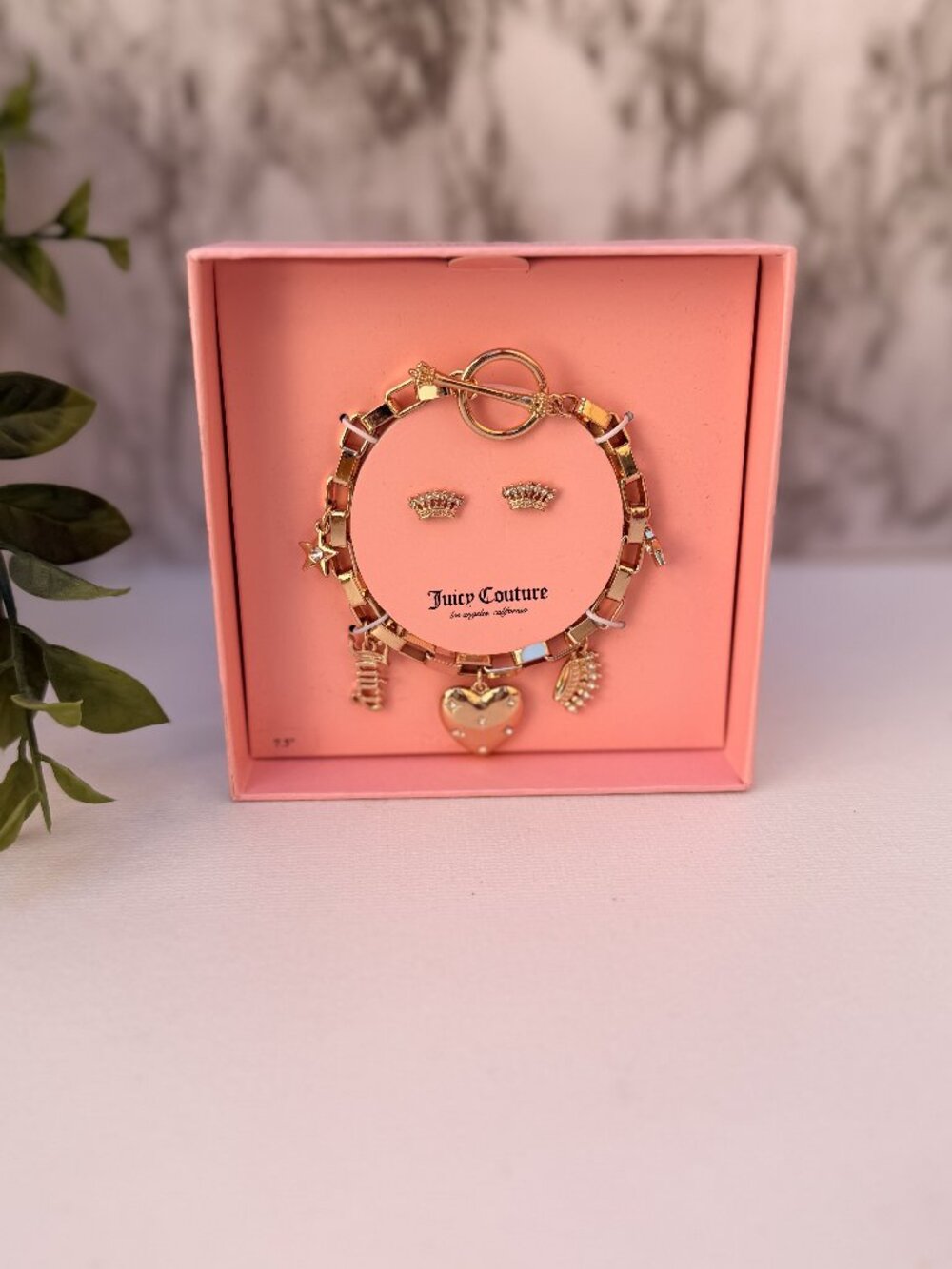 Juicy Couture Gold Charm Bracelet Set Crown Stud Earrings Heart Charm Gift Box